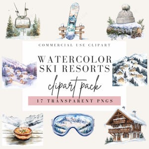 Clipart de stations de ski, Style Aquarelle, Images clipart de sports d'hiver, Illustrations de montagnes enneigées, Fond transparent, PNG à usage commercial