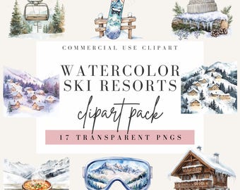 May include: Watercolor clipart pack of ski resort elements, including a ski lift, a snowboard, a winter hat, a chalet, a bowl of soup, and ski goggles. The clipart is perfect for creating winter-themed designs.