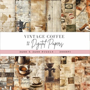 Peut inclure: Douze papiers numériques sur le thème du café vintage. Les papiers comprennent des images de grains de café, de tasses à café, de moulins à café et de vieilles textures de papier. Les papiers sont de 3600 x 3600 pixels et 300 DPI.