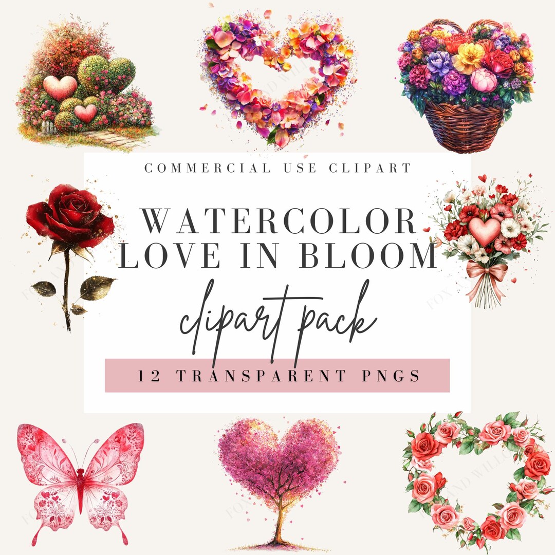 Love in Bloom Clipart Image, Watercolor Style, Floral Romance Clip Art ...