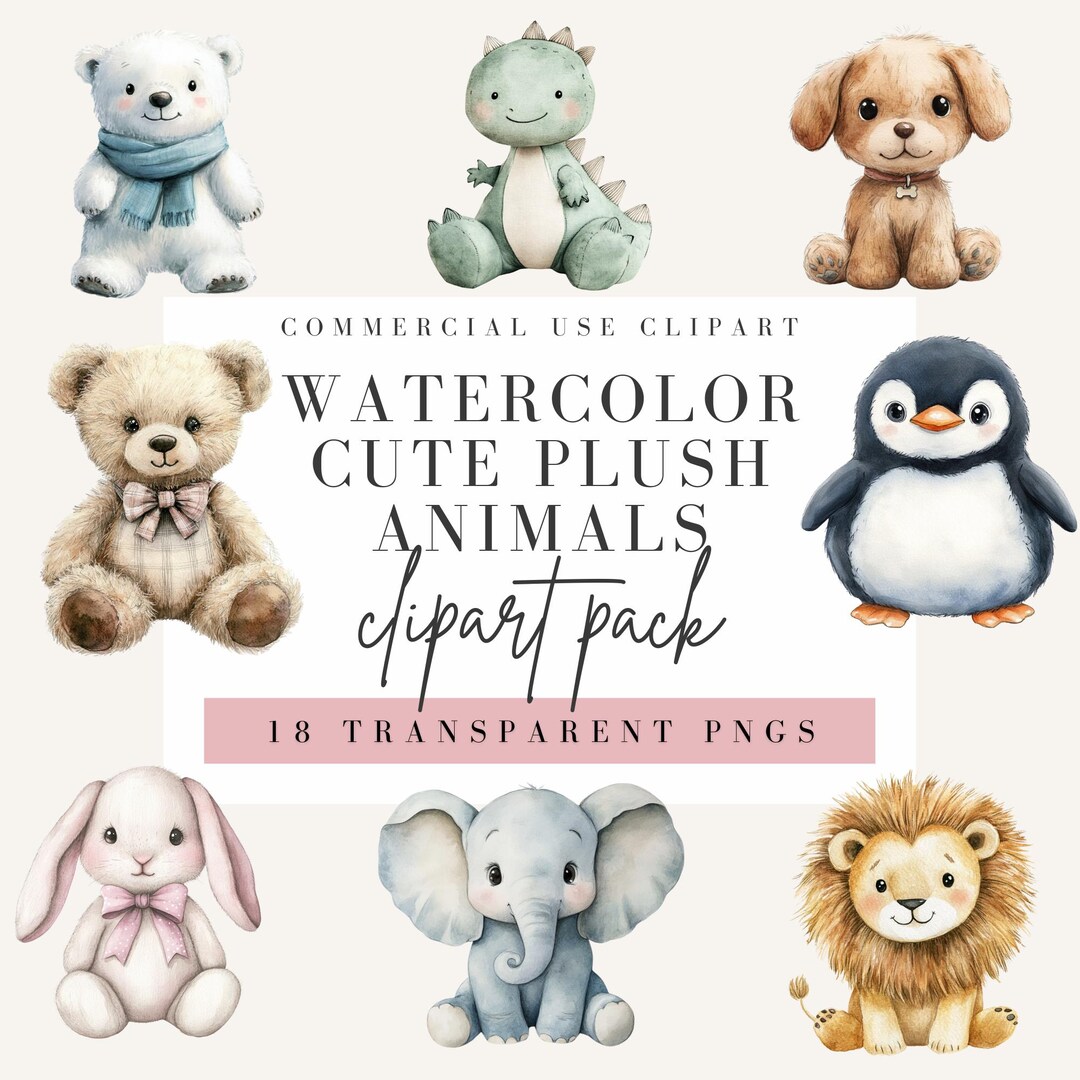 Cute Plush Animals Clipart, Watercolor Style, Transparent Background ...