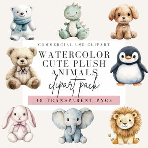 Clipart di simpatici animali di peluche, stile acquerello, sfondo trasparente, PNG per uso commerciale, Clip art di orsacchiotto, immagine di animali da safari