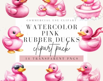 Pink Rubber Duck Clipart, Watercolor Style, Transparent Background, Commercial Use PNG, Ducks Clip Art, Cute Nursery Design, Duckling Image
