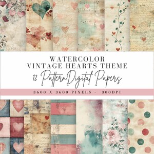 Vintage Hearts Theme Digital Paper, Romantic Heart Pattern Background, Shabby Chic Design, Junk Journal Pages, Commercial Use PNG