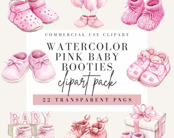 Pink Baby Booties Clipart, Watercolor Style, Transparent Background, Commercial Use PNG, Baby Shoes Clip Art, Girl Boot Design, Cute Image