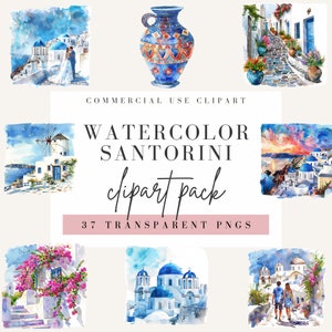 Clipart aquarelle de Santorin, PNG Transparent à usage commercial, vacances grecques, dômes bleus de l'église d'Oia, blanchi à la chaux Grèce