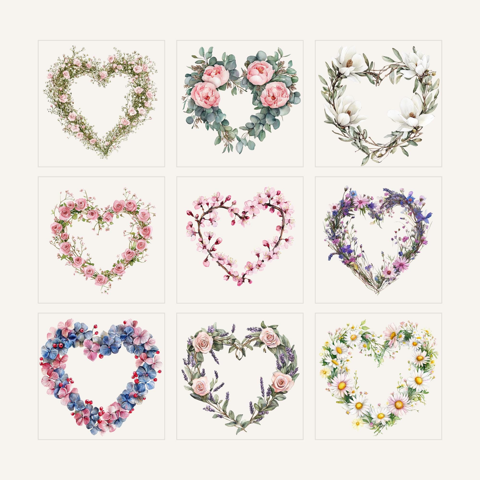 Floral Heart Wreath Clipart, Watercolor Style, Transparent Background ...