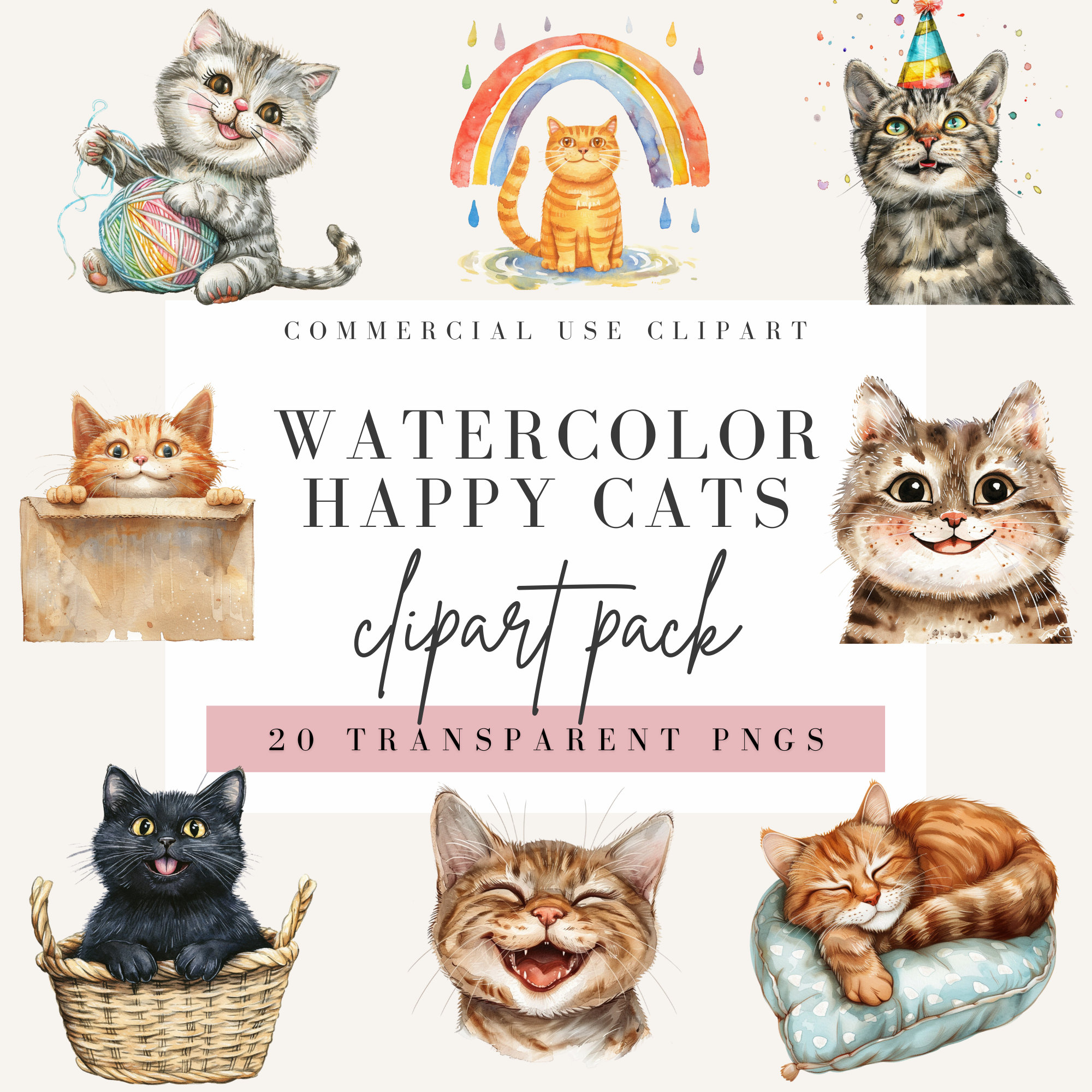 Happy Cat Clipart, Watercolor Style, Transparent Background
