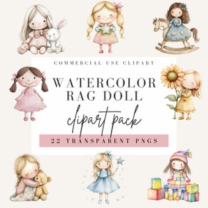 Boneca de pano Clipart, Estilo aquarela, Fundo transparente, Uso comercial PNG, Bonecas de pano Clip Art, Design de menina fofa, Download instantâneo