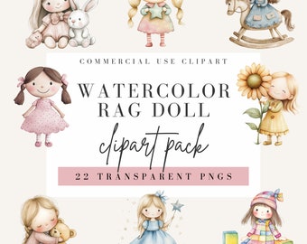 Rag doll Clipart, Watercolor Style, Transparent Background, Commercial Use PNG, Rag Dolls Clip Art, Cute Girl Design, Instant Download