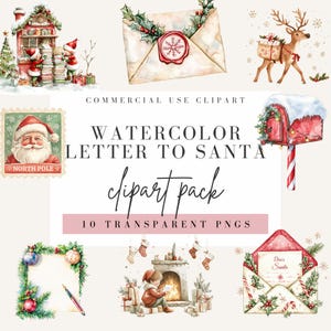 Carta para o Papai Noel Clipart, Estilo aquarela, Fundo transparente, Uso comercial PNG, Clip Art de Natal, Design festivo, Imagem de letras