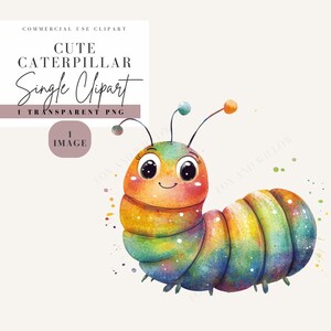 May include: A colourful cartoon caterpillar with big eyes and a happy expression. The caterpillar is rainbow coloured with white spots and is drawn in a watercolour style.