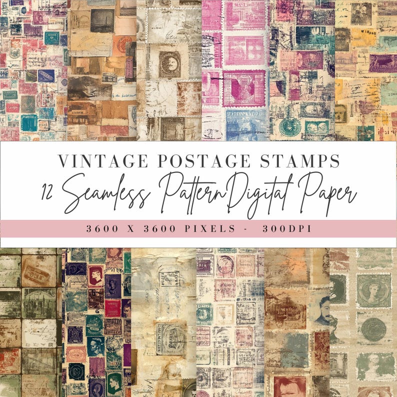 Vintage Postage Stamps Digital Paper, Rustic Old Papers, Commercial Use ...