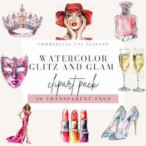 Clipart pailleté et glamour, Style Aquarelle, fond Transparent, usage commercial PNG, Clip Art Fashion Girl, Bling mousseux, téléchargement immédiat