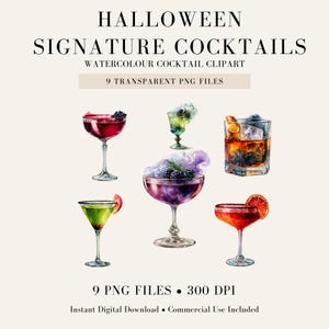 May include: A collection of watercolor cocktail clipart featuring nine transparent PNG files titled HALLOWEEN SIGNATURE COCKTAILS. The images display various drinks in glassware, including a skull-themed glass, purple drinks with smoke, and vibrant red and green cocktails garnished with fruit slices and berries.