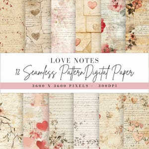 May include: Twelve digital paper patterns featuring vintage-inspired designs with handwritten notes, hearts, and floral accents. The patterns are seamless and perfect for crafting projects, scrapbooking, and digital design.