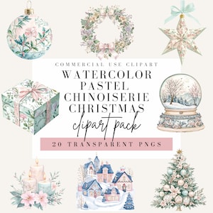 Pastell Chinoiserie Weihnachten Clipart, Aquarell-Stil, transparenten Hintergrund, kommerzielle Nutzung PNG, festliche Clip Art, Blumenmuster, Toile