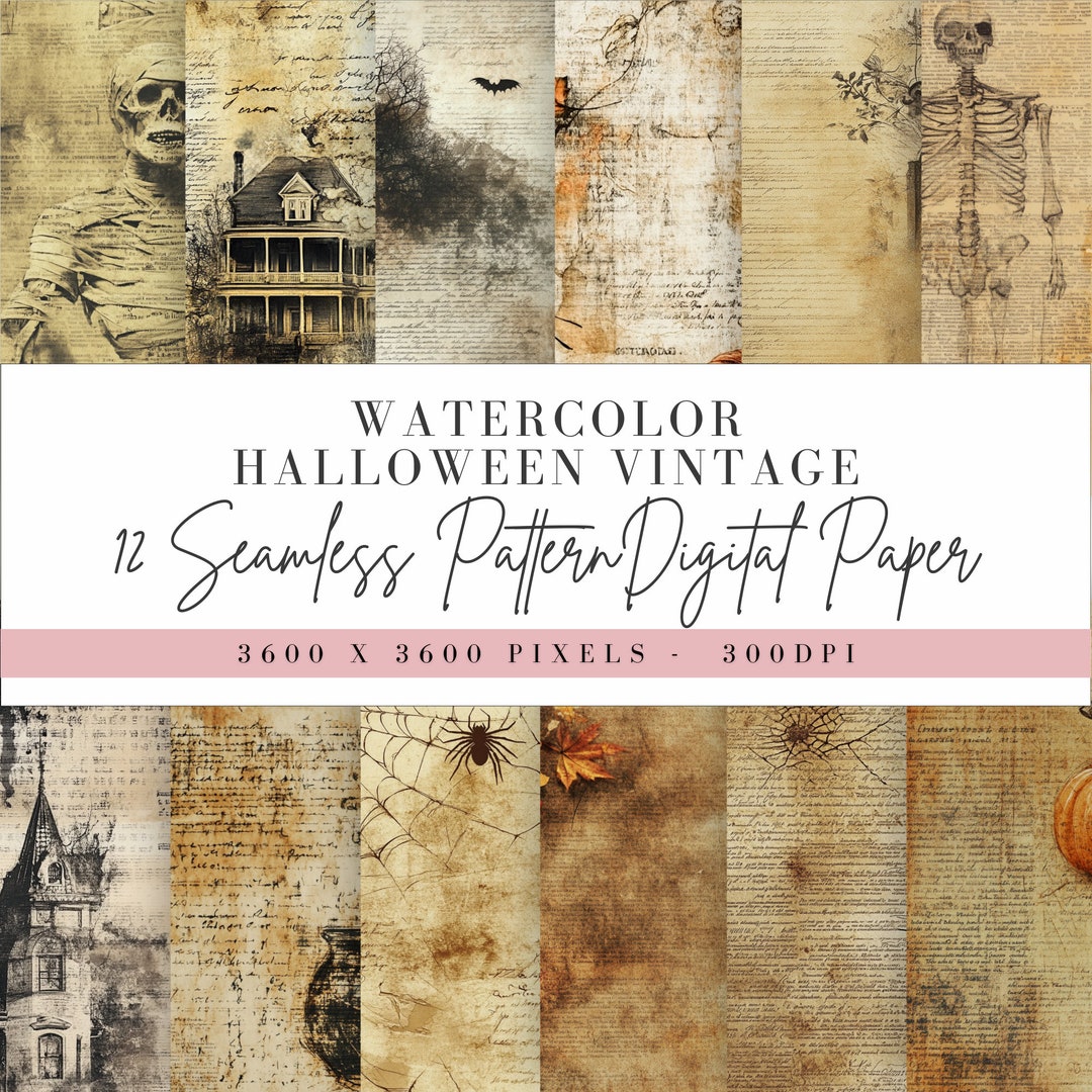 Halloween Vintage Digital Paper, Watercolor Style, Commercial Use PNG ...