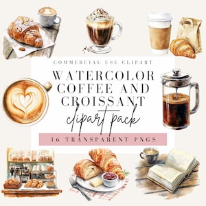 Clipart koffie en croissant, aquarelstijl, transparante achtergrond, commercieel gebruik PNG, bakkerij-illustraties, gebak ontwerp, afbeelding van taart