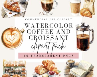 Coffee and Croissant Clipart, Watercolor Style, Transparent Background, Commercial Use PNG, Bakery Clip Art, Pastry Design, Cake Image