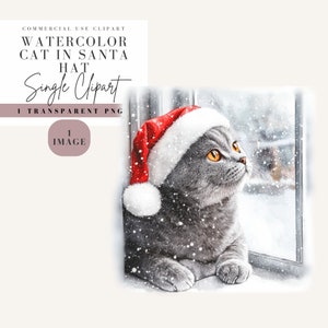 May include: A watercolour painting of a grey cat wearing a red Santa hat, looking out of a window with snow falling outside.