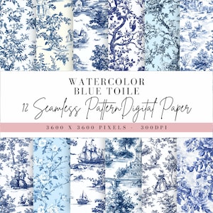 Papel digital azul Toile, estilo aquarela, PNG de uso comercial, design de chinoiserie azul francês, gráfico de padrão floral vintage sem costura