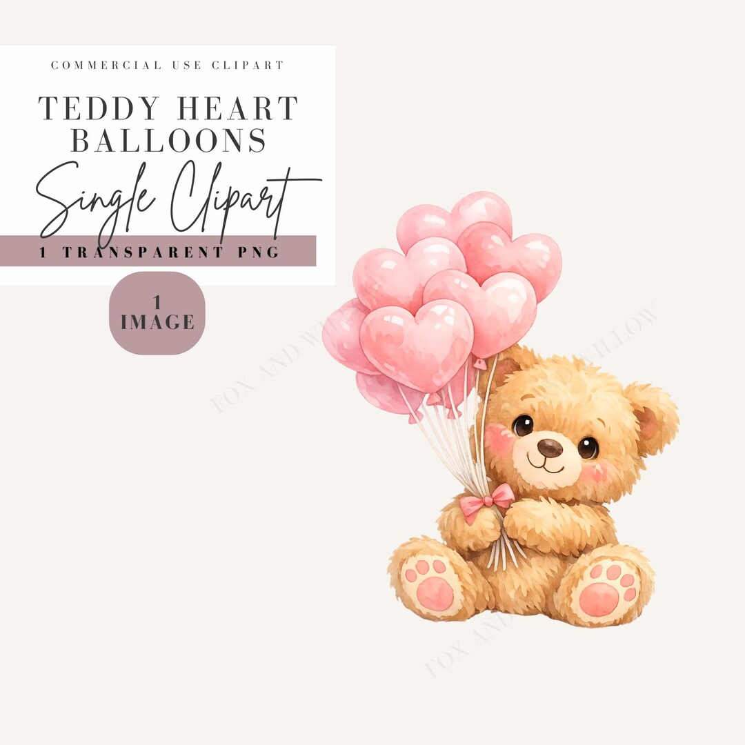 Teddy Bear Balloon Clipart, Watercolor Bear Holding Heart Balloons ...