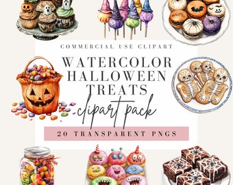 May include: A set of 20 watercolor Halloween treat clipart images. The clipart includes images of cupcakes, candy corn, lollipops, macarons, cookies, donuts, and brownies. The images are perfect for use in digital scrapbooking, card making, and other craft projects.
