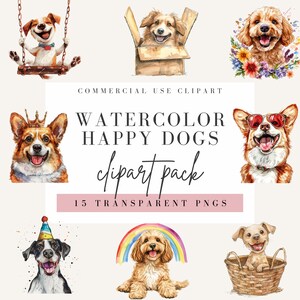 Imágenes Prediseñadas de perro feliz, estilo acuarela, fondo transparente, uso comercial PNG, lindo cachorro Clip Art, diseño de perros sonrientes
