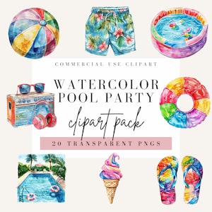 Pool Party Clipart, Watercolor Style, Transparent Background, Commercial Use PNG, Summer Clip Art, Swimming Pool design, Paddling Pool Image