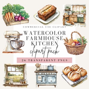 Clipart di cucina rustica, stile acquerello, sfondo trasparente, PNG per uso commerciale, clipart di cottage rustico, design di fattoria di campagna