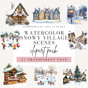 Snowy Village Scene Clipart, Watercolor Style, Transparent Background, Commercial Use PNG, Winter Season Clip Art, Snowflake Design