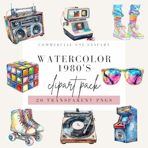1980&#39;s Clipart, Watercolor Style, Transparent Commercial Use PNG, Retro 80&#39;s Images, Neon Pink, Roller Skate Clip art, Instant Download