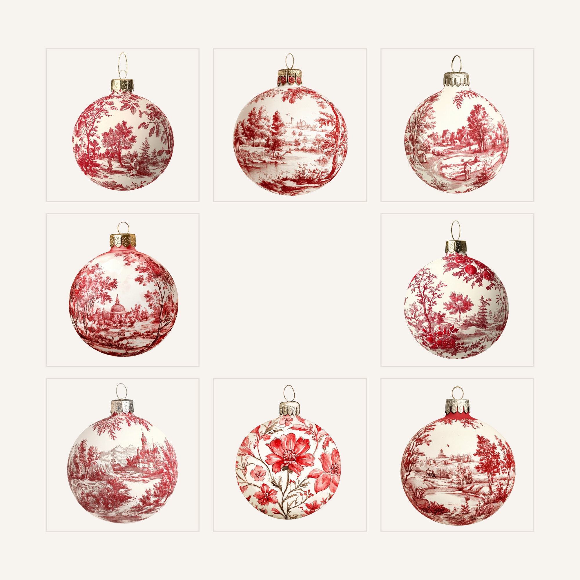 Red Toile Christmas Ornaments Clipart, Watercolor Style, Transparent ...