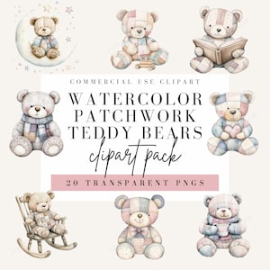 Può includere: Un set di 20 immagini clipart di orsacchiotti patchwork ad acquerello. Gli orsacchiotti sono in varie pose, tra cui seduti, in piedi e che tengono oggetti. Gli orsacchiotti sono tutti fatti di diversi pezzi di stoffa colorati e hanno facce carine e amichevoli.