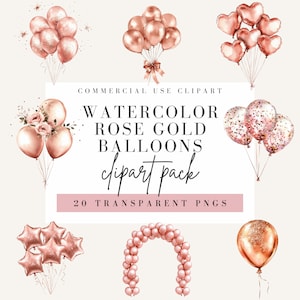 Rose Gold Balloon Clipart, Watercolor Style, Transparent Background, Commercial Use PNG, Glitter Birthday Balloons Clip Art Bundle