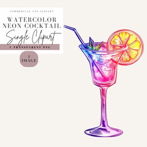 Aquarelle, Clipart Cocktail Néon, Fond Transparent, PNG à usage commercial, clipart cocktails, Design cosmopolite, image de boisson