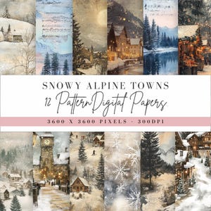 Papier numérique villes des Alpes enneigées, neige hiver papiers, motif de fond de scène de neige, Art de scène de montagne, usage Commercial PNG, Design rustique