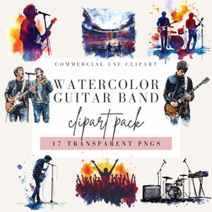 Clipart gitaarband, aquarelstijl, transparante achtergrond, commercieel gebruik PNG, Britpop-illustraties uit de jaren 90, rockmuziekontwerp, afbeelding muziekfan