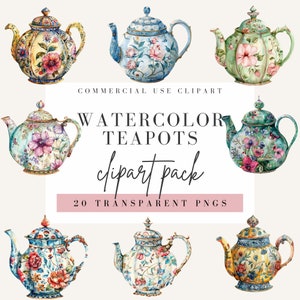 May include: A set of 6 watercolor illustrations of teapots with floral designs. The teapots are in various colors, including blue, green, and yellow. The illustrations are perfect for adding a touch of vintage charm to your projects.