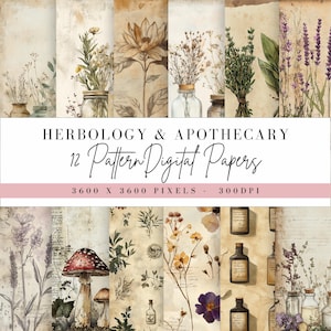 May include: Twelve digital paper designs featuring vintage botanical illustrations and apothecary jars. The papers are 3600 x 3600 pixels and 300 DPI. The designs include flowers, herbs, mushrooms, and bottles.