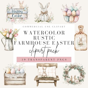 Clipart di Pasqua rustica della fattoria, stile acquerello, clipart vintage country, grafica shabby chic, sfondo trasparente, uso commerciale PNG