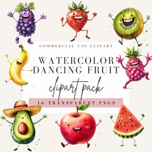 Clipart de fruta bailando, estilo acuarela, fondo transparente, PNG de uso comercial, diseño alegre, imagen de manzana, fresa y plátano