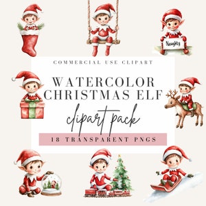 Christmas Elf Clipart, Watercolor Style, Transparent Background, Commercial Use PNG, Clip Art, Xmas Design, Red Elves Image, Festive Graphic
