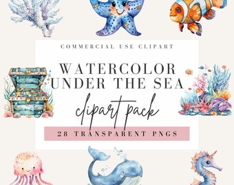 Op de afbeelding: Waterverf clipart-pakket met 28 transparante PNG's van onderwaterwezens en objecten.  Bevat een blauwe walvis, een zeester, een zeepaardje, een kwal, een schatkist, koraal en een clownvis.