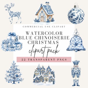 Chinoiserie Weihnachten Clipart, Aquarell-Stil, transparenter Hintergrund, kommerzielle Nutzung PNG, blau Clip Art, Blumenmuster, Toile Bild