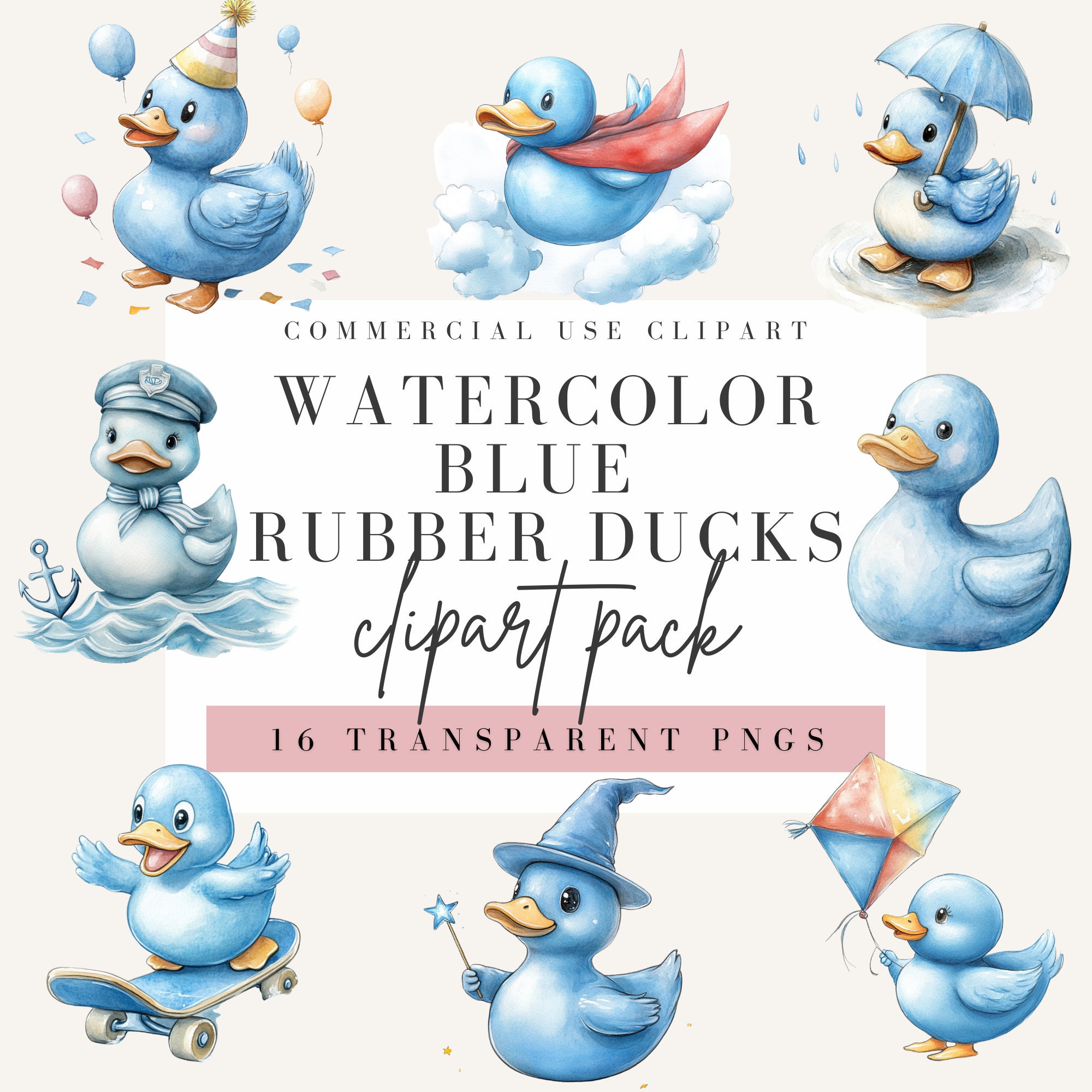 Blue Rubber Duck Clipart, Watercolor Style, Transparent Background, Commercial Use PNG, Ducks Clip Art, Cute Nursery Design, Duckling Image