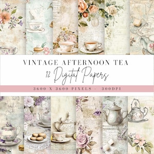 May include: Twelve digital papers featuring vintage teacups, teapots, flowers, and text on a cream background. The papers are 3600 x 3600 pixels and 300 DPI.  Vintage Afternoon Tea 12 Digital Papers.