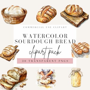 Clipart de aquarela de pão de fermento natural, PNG transparente para uso comercial, criação de cartões, uso comercial, download de produtos assados, design de panificação