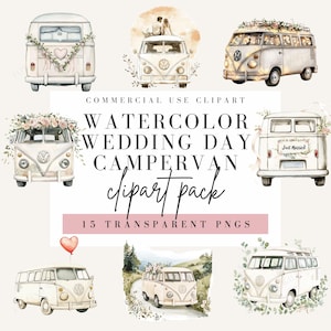 Clipart di camper per il giorno delle nozze, stile acquerello, clipart di camper, grafica nuziale, immagine con sfondo trasparente, uso commerciale PNG